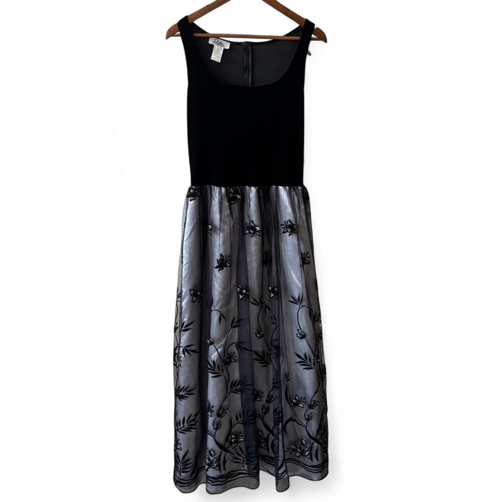 Patra 10 Black Velvet Silver Organza Floral Maxi Gown NWT Formal Evening Dress